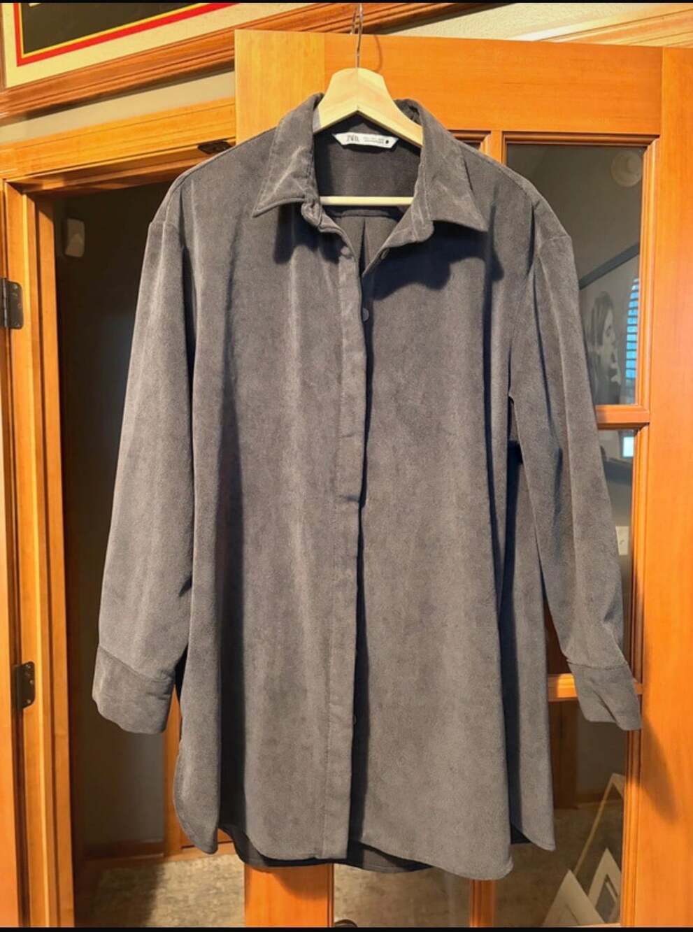 Zara Corduroy Shirt Size L Gray Oversized Button Up Long Sleeve